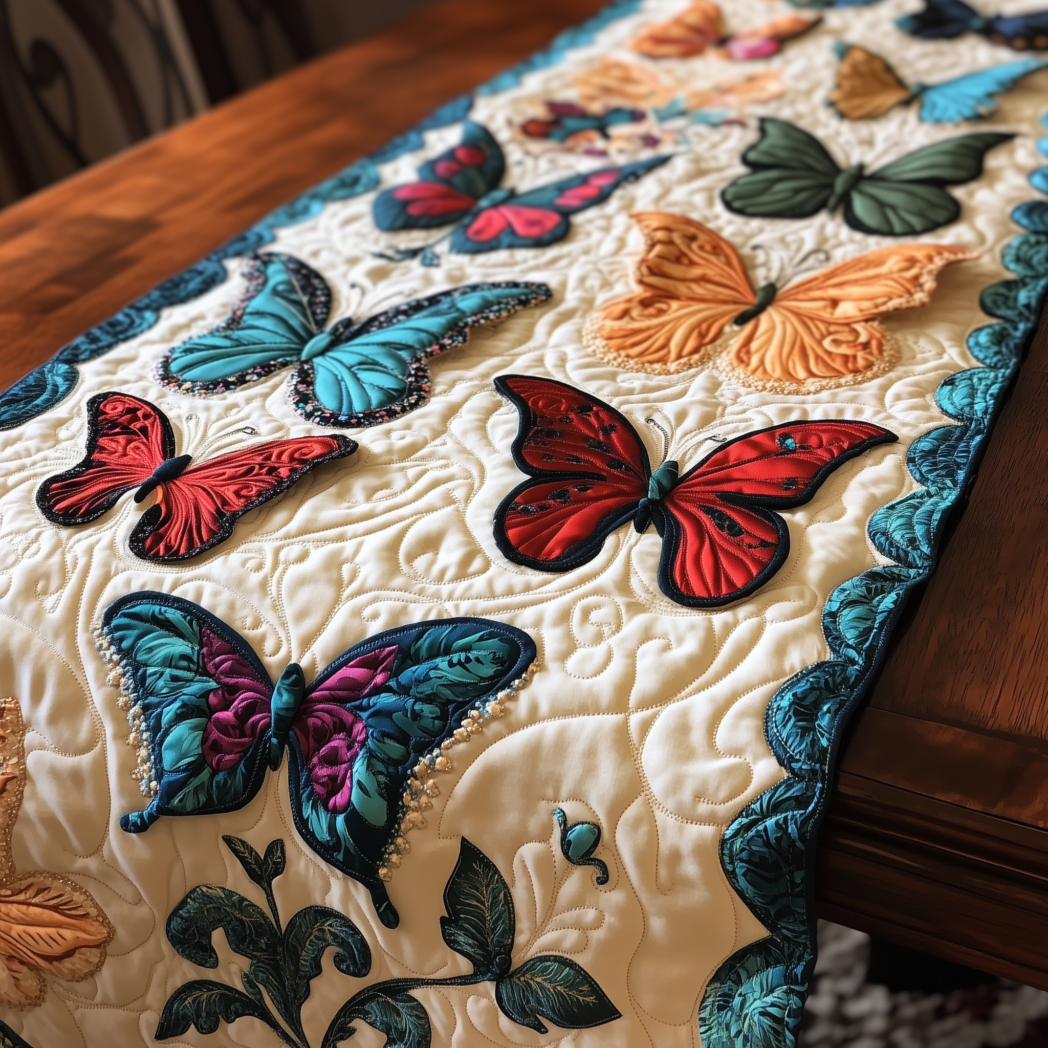 Teal Butterflies Quilted Table Runner Cute Modern Table Runner Gifts For Butterfly Lovers