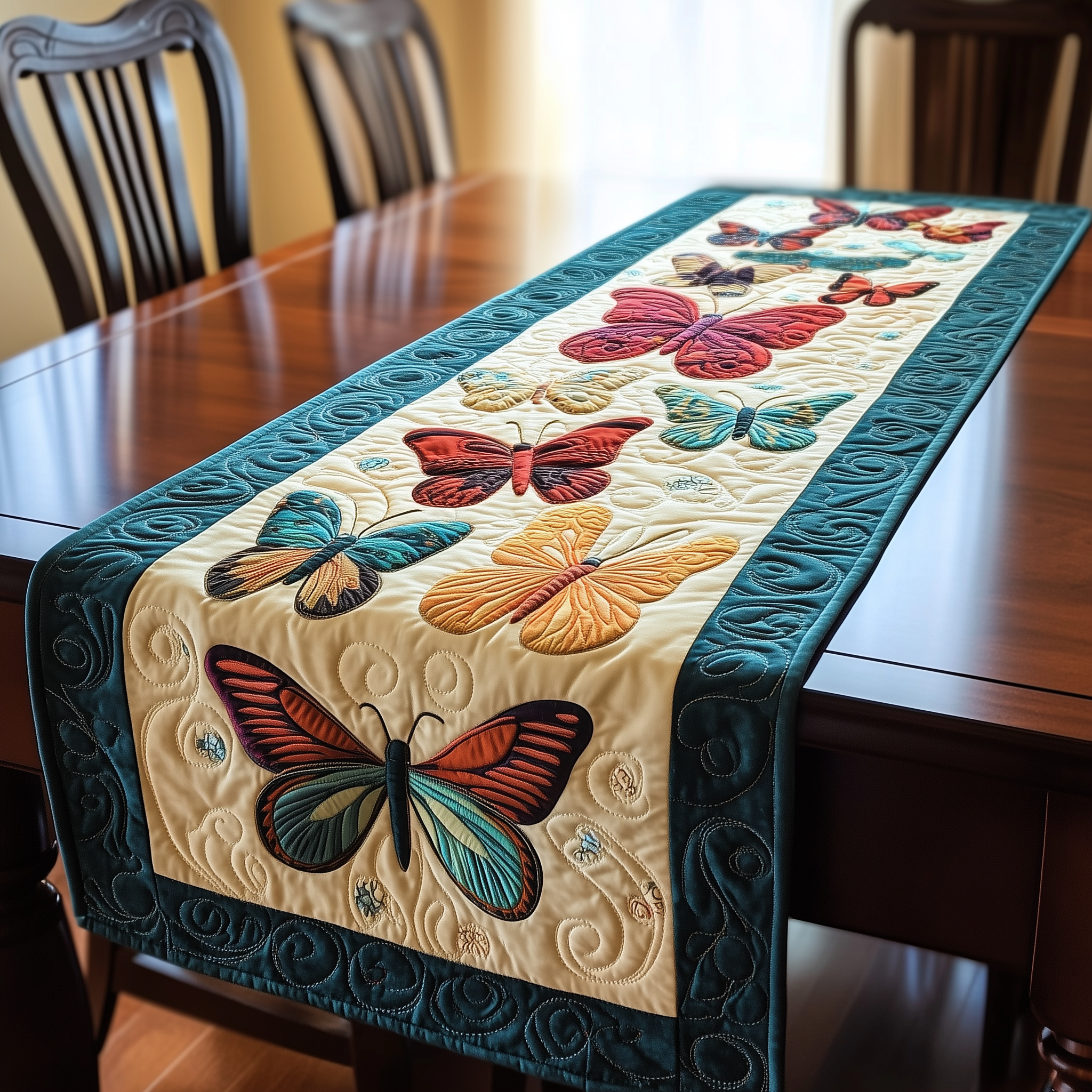 Teal Butterflies Quilted Table Runner Modern Dining Table Christmas Butterfly Items For Gifts