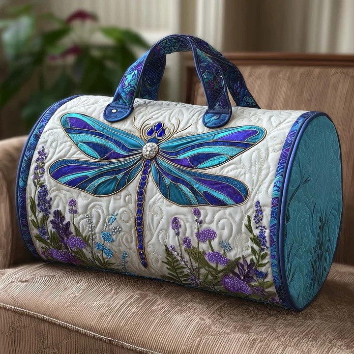 Teal Dragonfly Lavender Floral Quilted Duffle Bag Nature Travel Bag Best Gift For Dragonfly Lovers