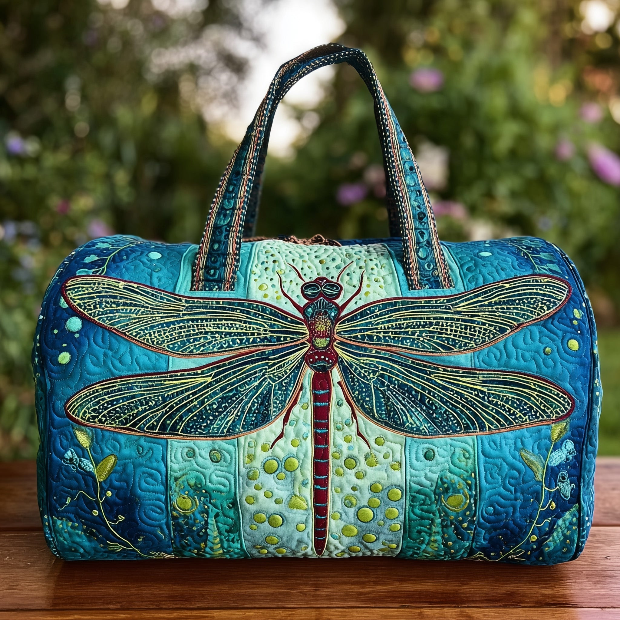Teal Dragonfly Quilted Duffle Bag Boho Nature Inspired Travel Best Gift For Her