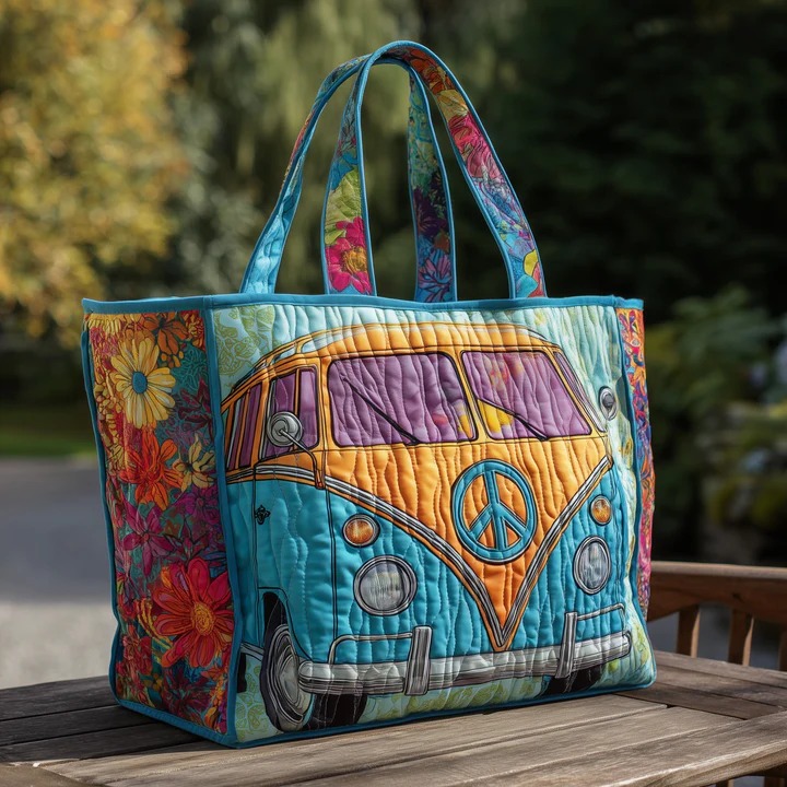 Teal Hippie Bus Quilted Tote Bag Retro Floral Peace Bag Best Gift For Hippie Women