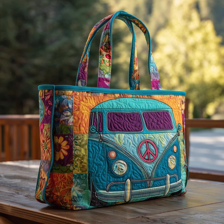 Teal Hippie Van Quilted Tote Bag Patchwork Peace Sign Bag Best Gift For Women