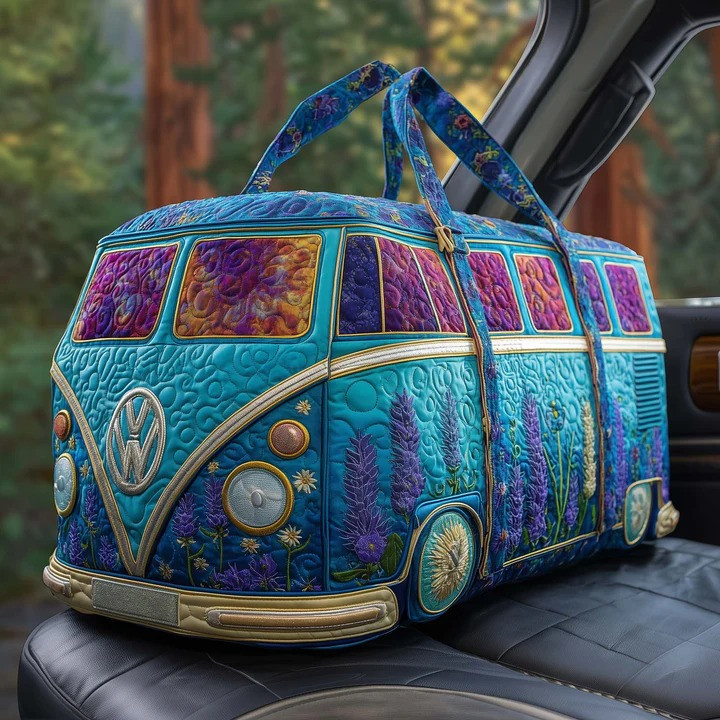 Teal Lavender VW Bus Quilted Duffle Bag Boho Travel Bag Best Gift For Hippie Lovers