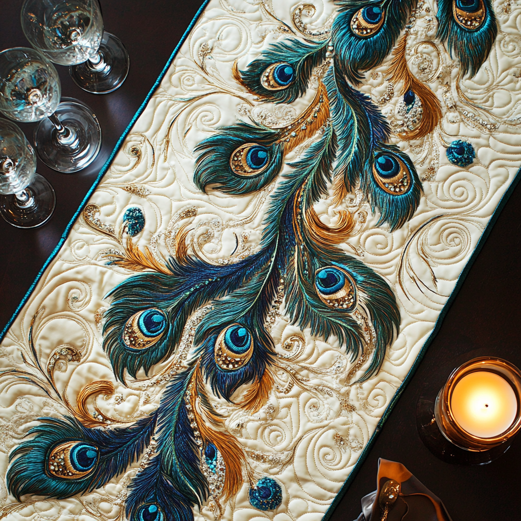 Teal Plumage Quilted Table Runner Kitchen Decor Peacock Themed Gifts