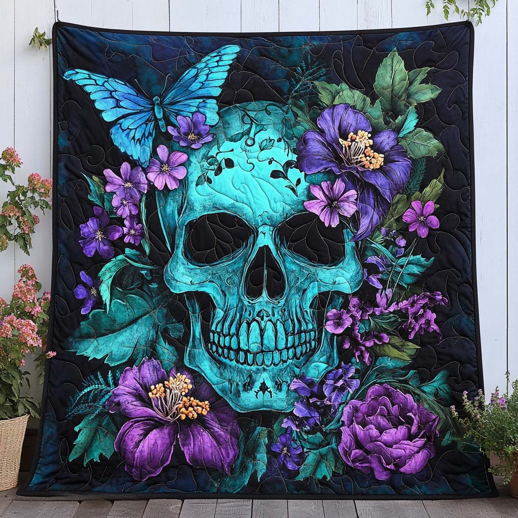 Teal Spirit Skull Quilted Blanket Christmas Room Decor Halloween Gifts For Adults