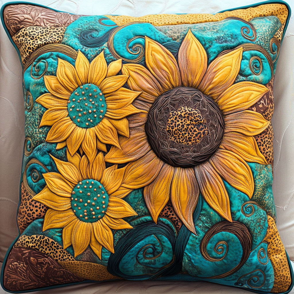 Teal Whirl Sunflowers Quilted Pillow Case Home Decor Pillow Covers Gifts For Sunflower Lovers