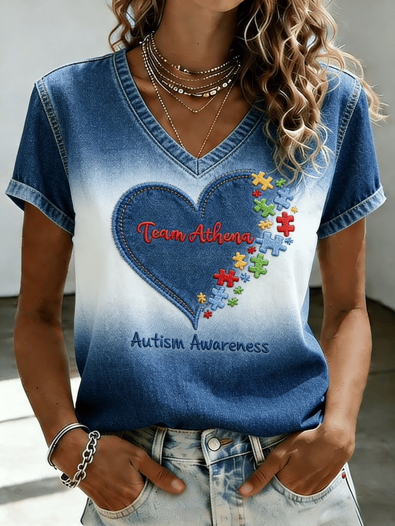 Team Athena Heart Puzzle V-Neck Shirt Love Support Clothing Gift For Autism Mom