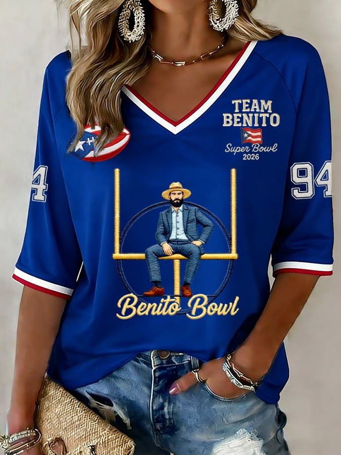 Team Benito Super Bowl 2026 V-Neck Long Sleeve Bad Bunny Concert Merch Gifts For Her