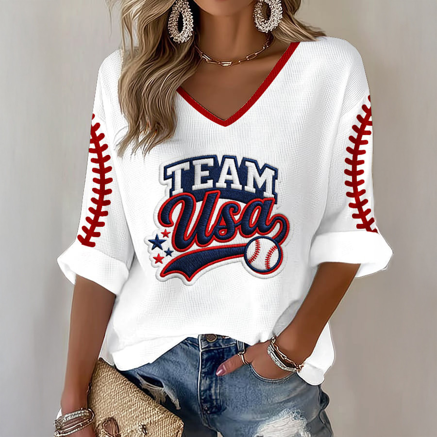 Team USA Baseball V-Neck Long Sleeve Shirt Game Day Baseball Merch Fan Gear