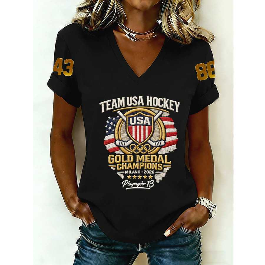 Team USA Hockey Gold Medal Champions V-Neck Shirt USA Hockey Gokd Shirt Best Fan Gift For Her