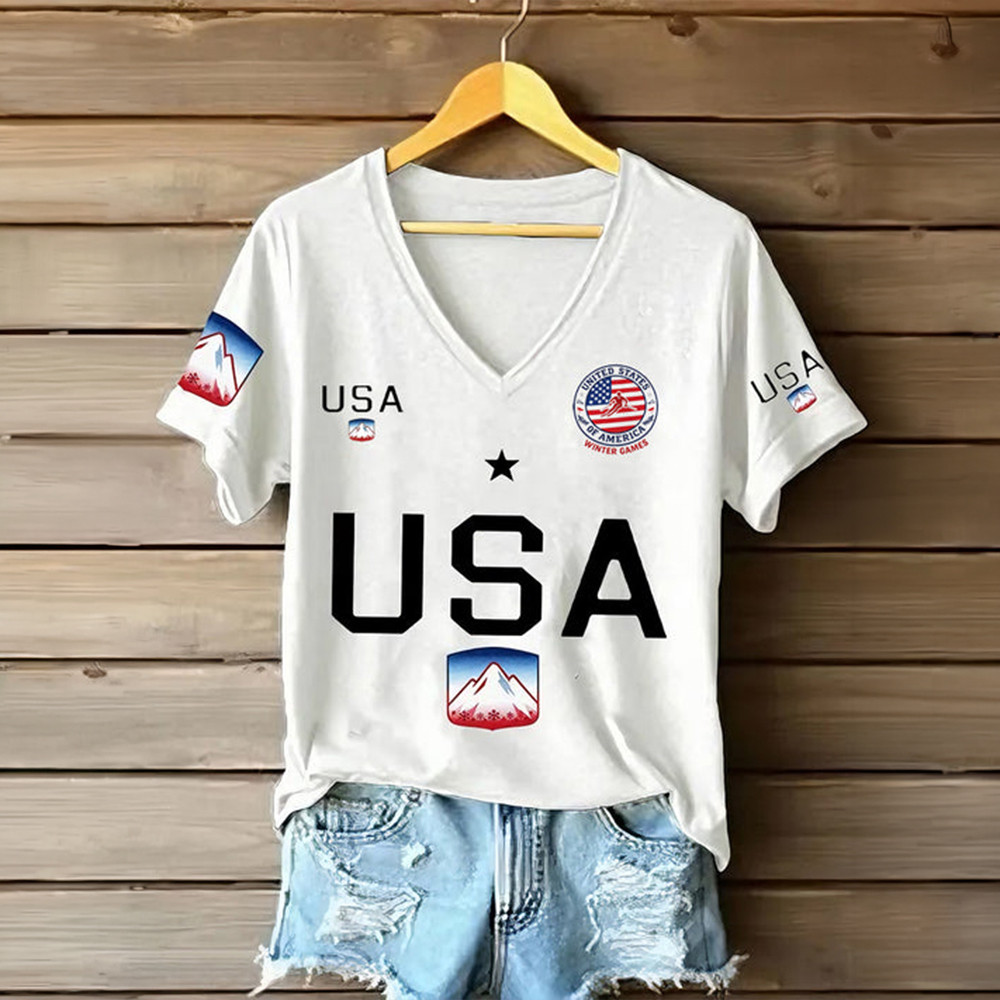 Team USA Ski 2026 V-Neck Shirt United States Milano Cortina 2026 Clothes Ski Lover Gift For Her