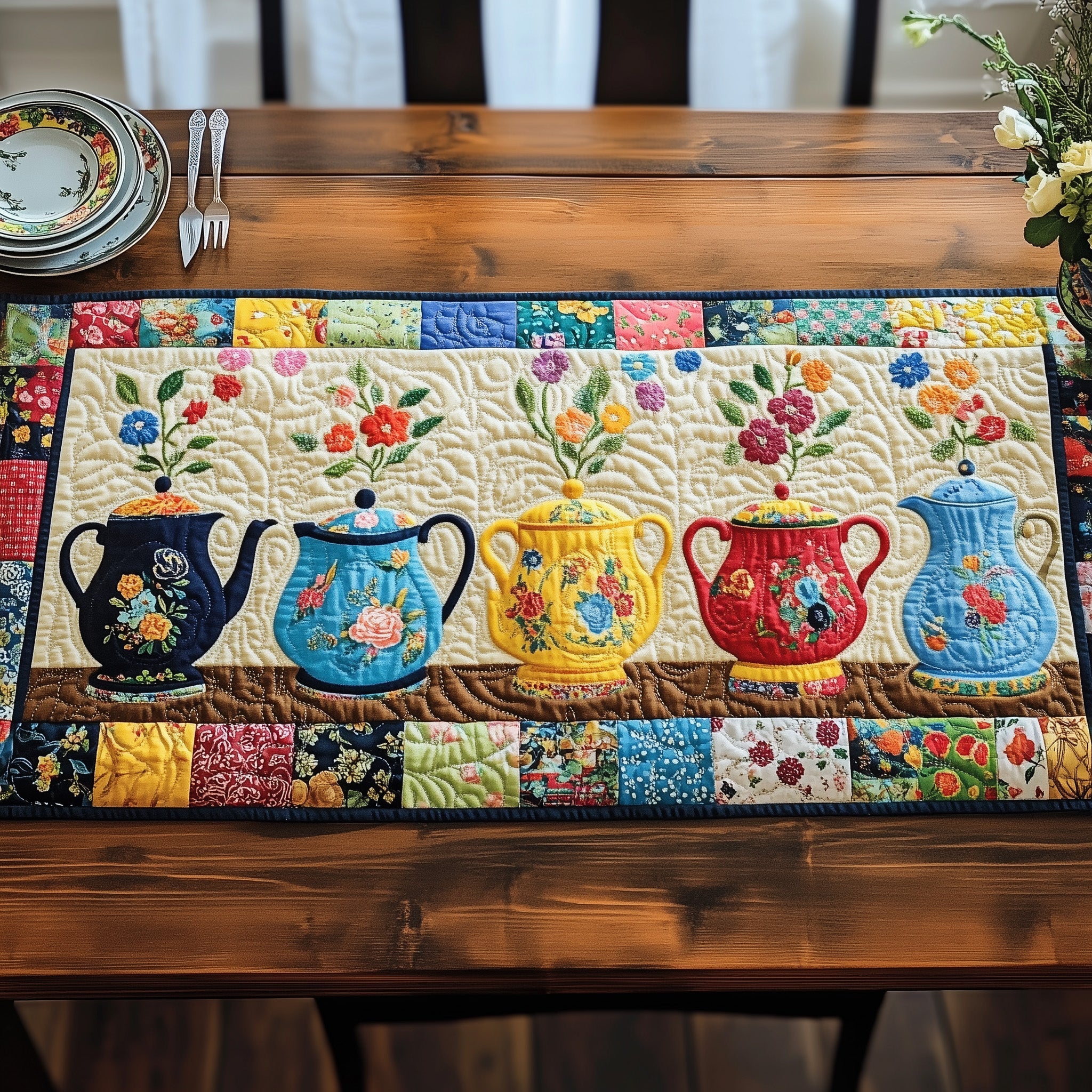 Teapot Collection Quilted Table Runner Special Occasion Table Runner Gift