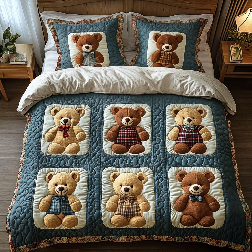 Teddies Haven Quilted Bedding Set Holiday Duvet Covers Cute Bear Themed Presents