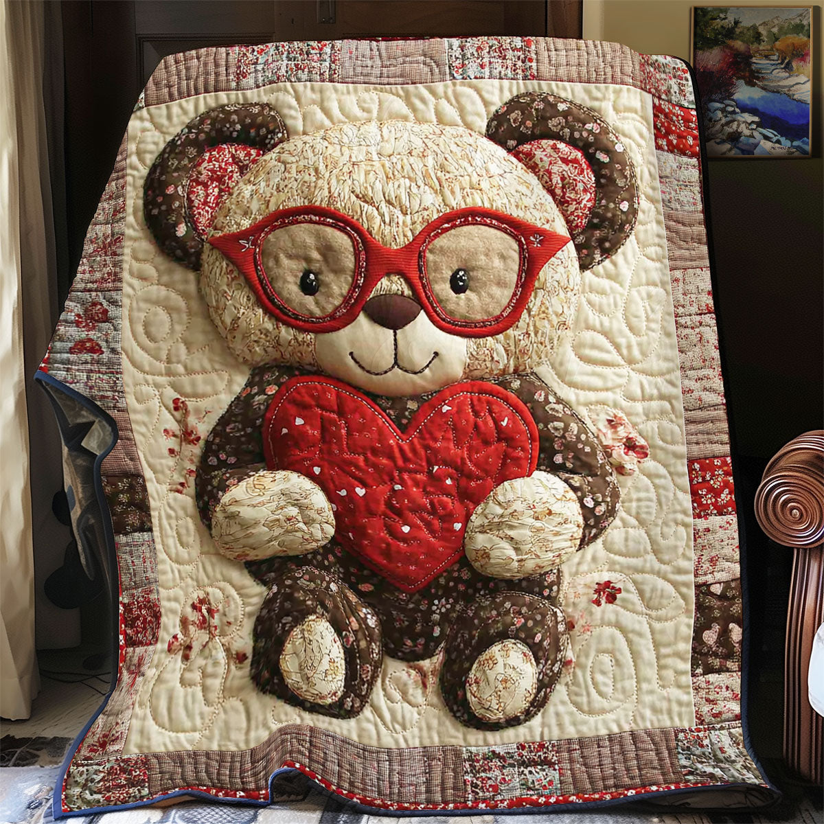 Teddy Bear Holding Heart Quilt Blanket Cozy Throw Blanket Best Xmas Gifts For Family