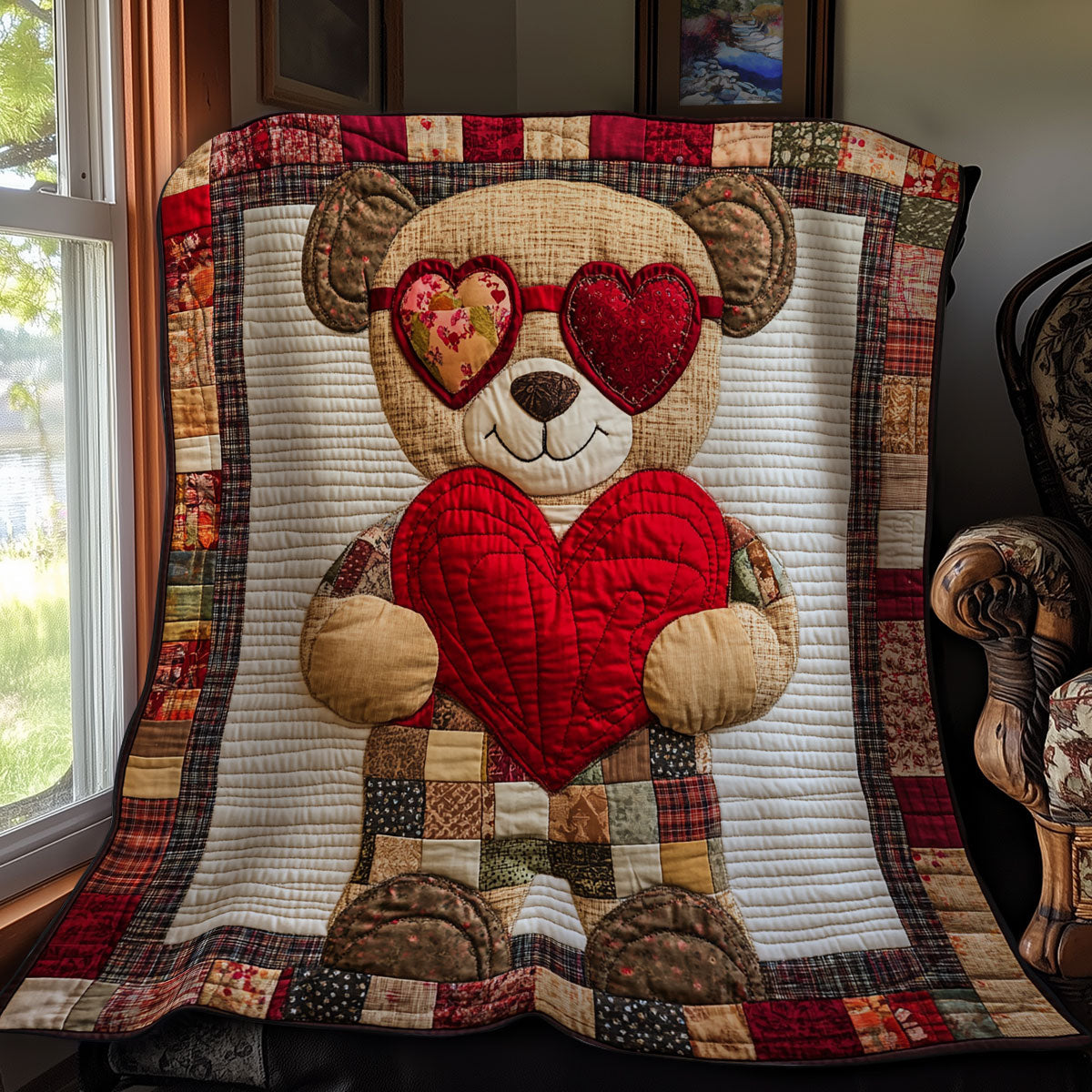 Teddy Bear Holding Heart Quilt Blanket Cozy Throw Blanket Xmas Gifts For Mom