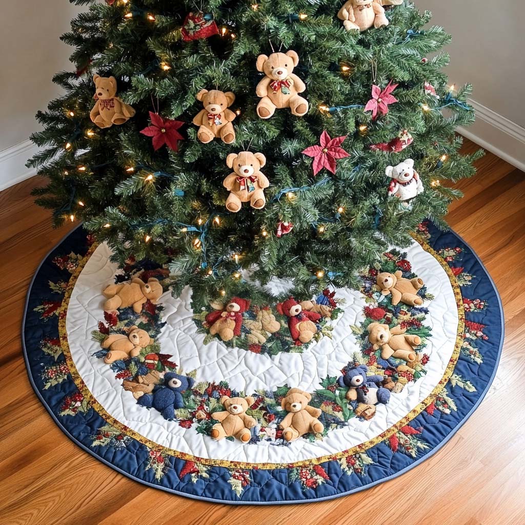 Teddy Bear Wonderland Christmas Quilted Tree Skirt Classic Christmas Home Decor