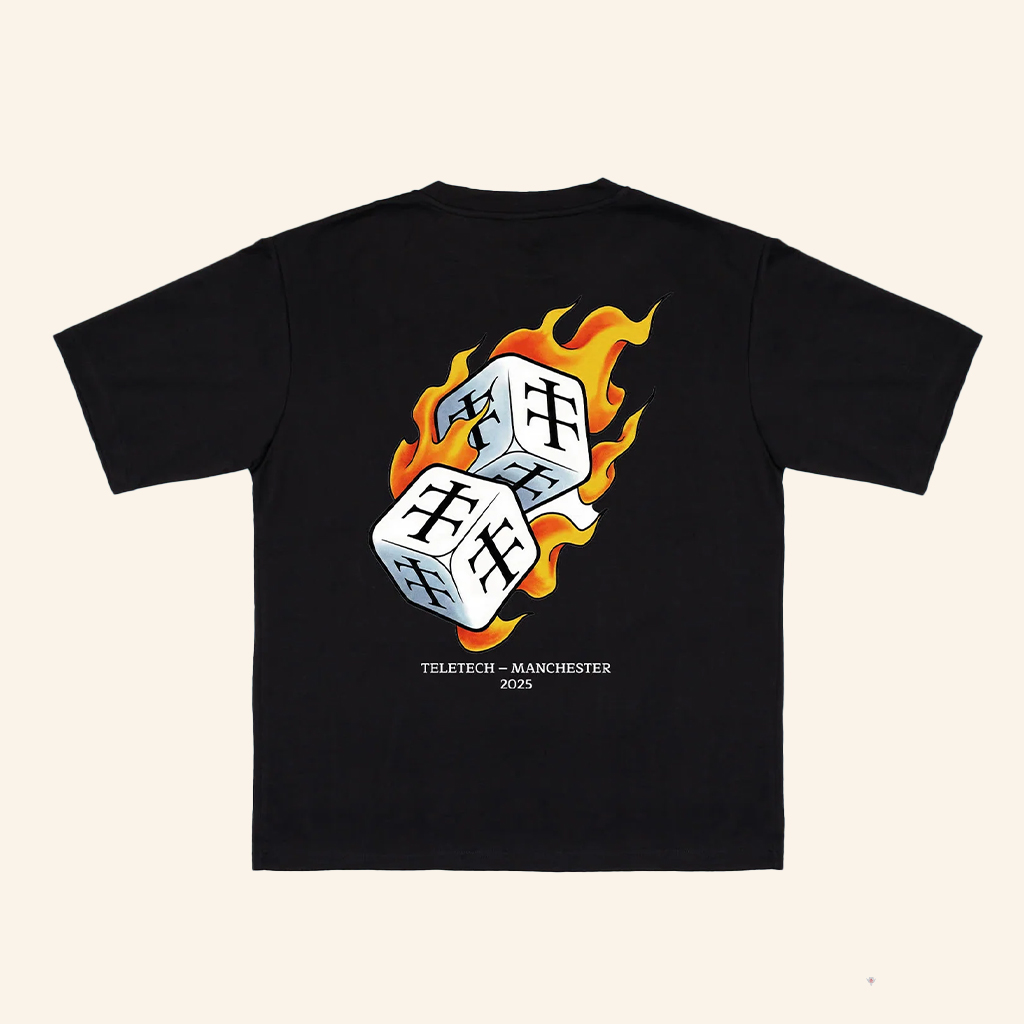 Teletech Manchester 2025 Dices Flames T-Shirt Teletech Merch Music Lover Gifts For Him