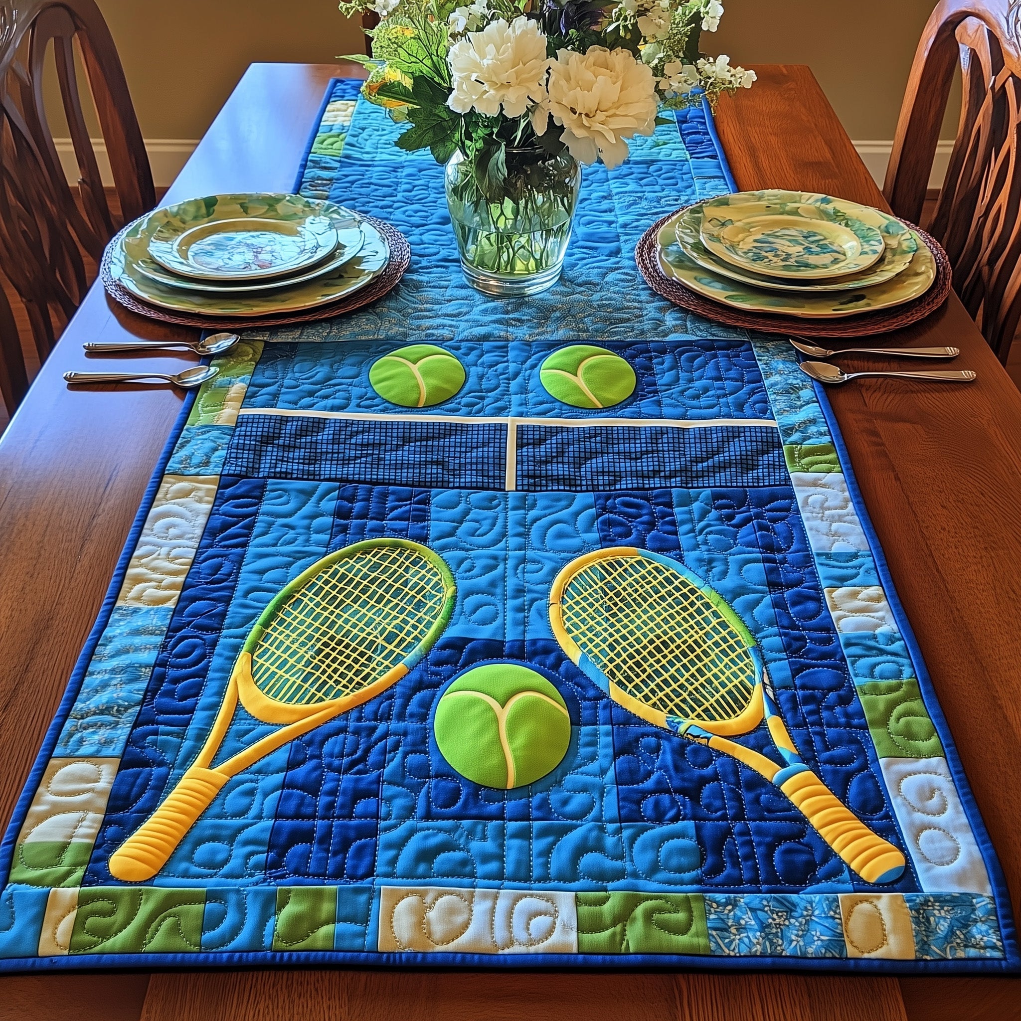 Tennis Club Quilted Table Runner Holiday Dinner Table Runner