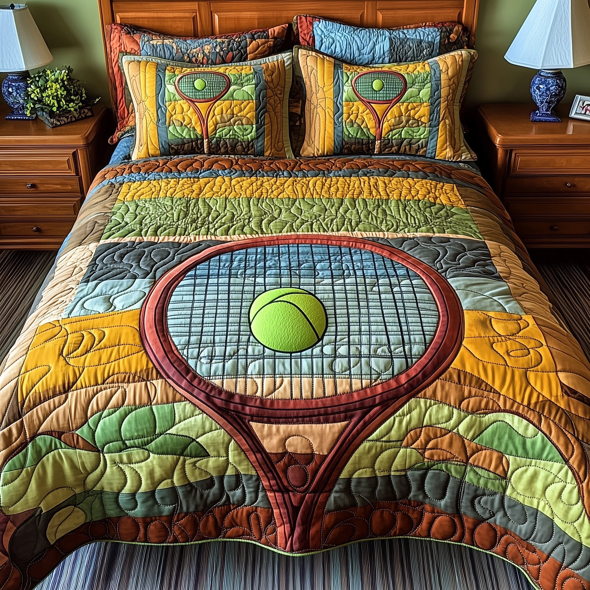 Tennis Time Quilted Bedding Set Duvet Cover Merchandise Best Gifts For Tennis Players