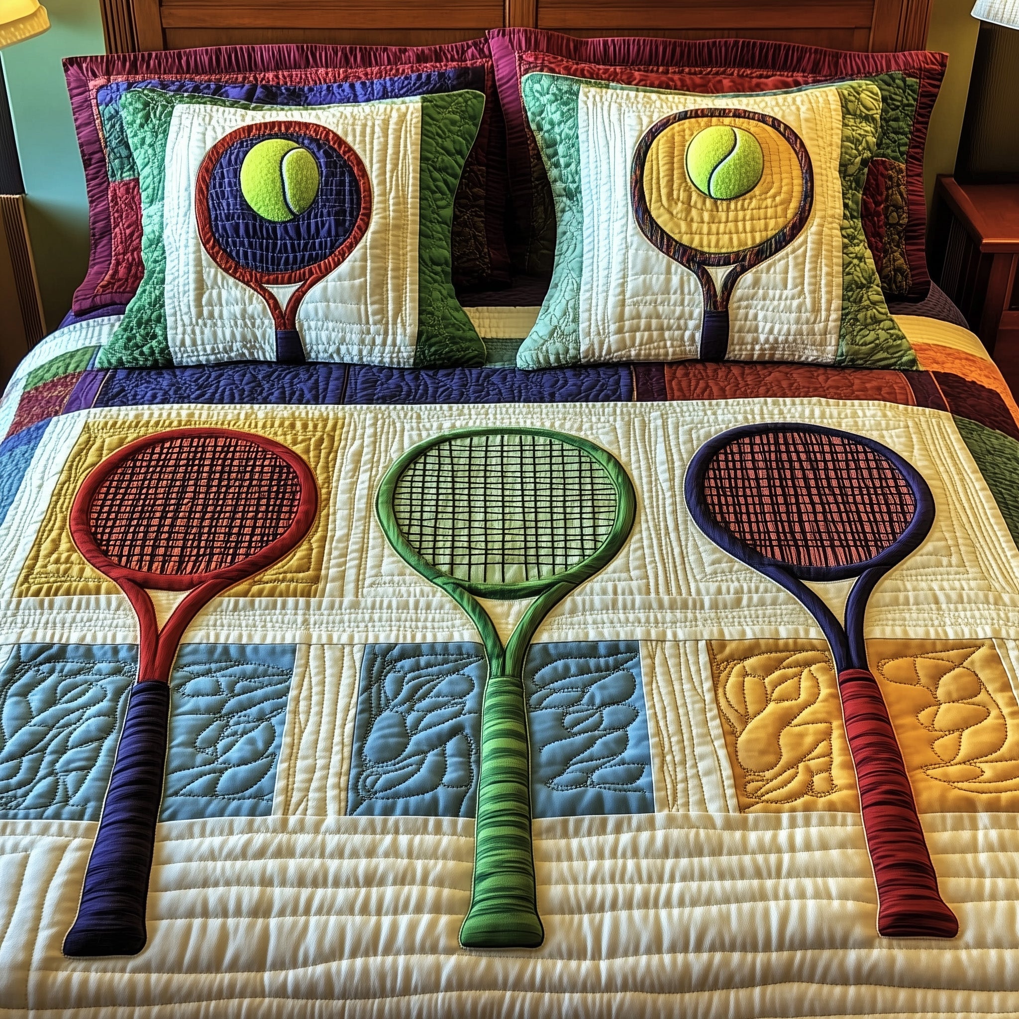 Tennis Time Quilted Bedding Set Duvet Cover Merchandise Tennis Coach Gift Ideas
