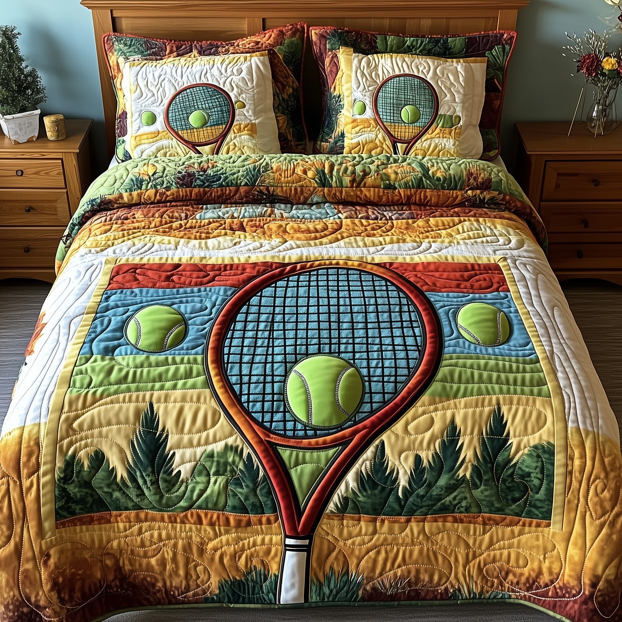 Tennis Time Quilted Bedding Set Duvet Cover Merchandise Tennis Novelty Gifts
