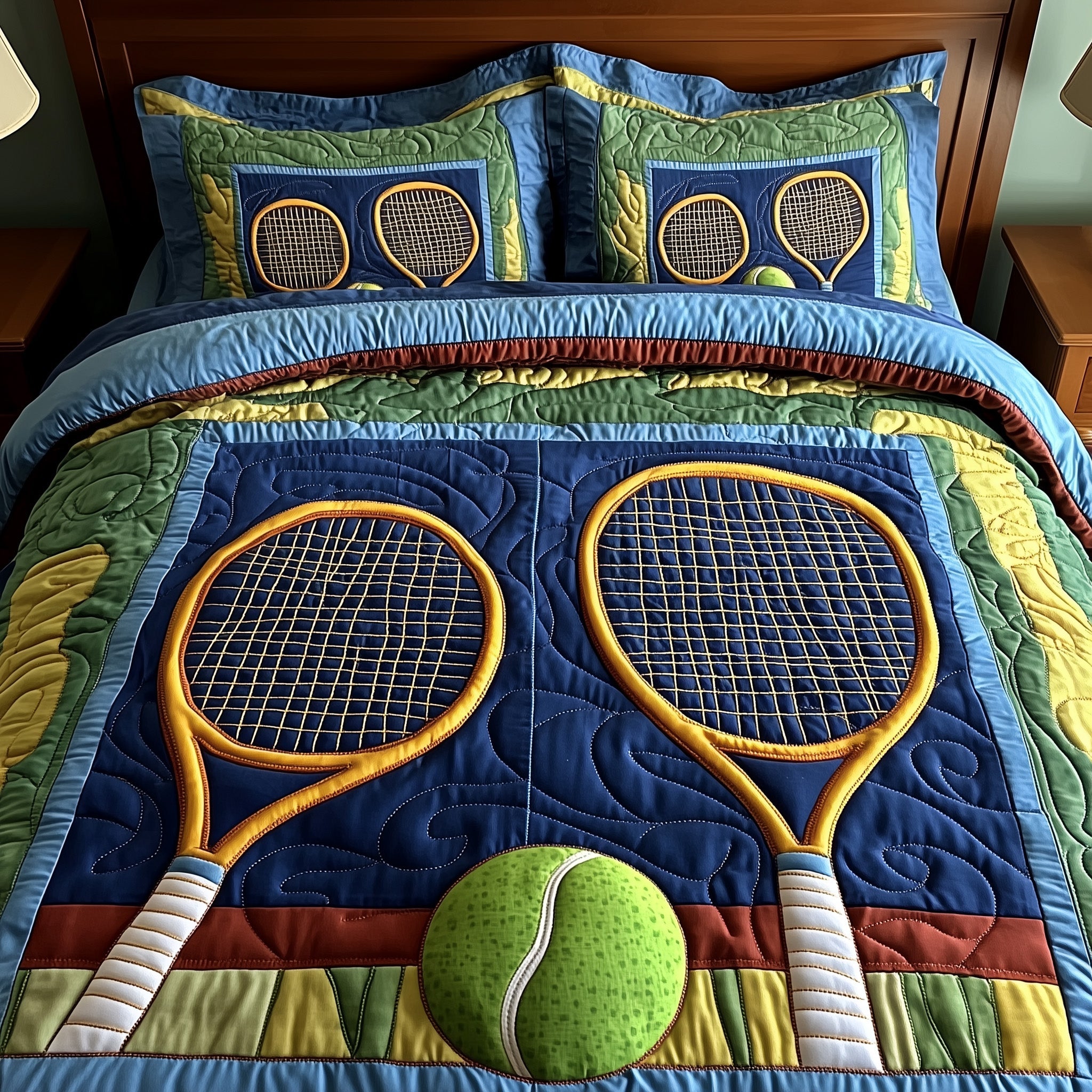 Tennis Time Quilted Bedding Set Duvet Cover Merchandise Tennis Related Gifts For Him