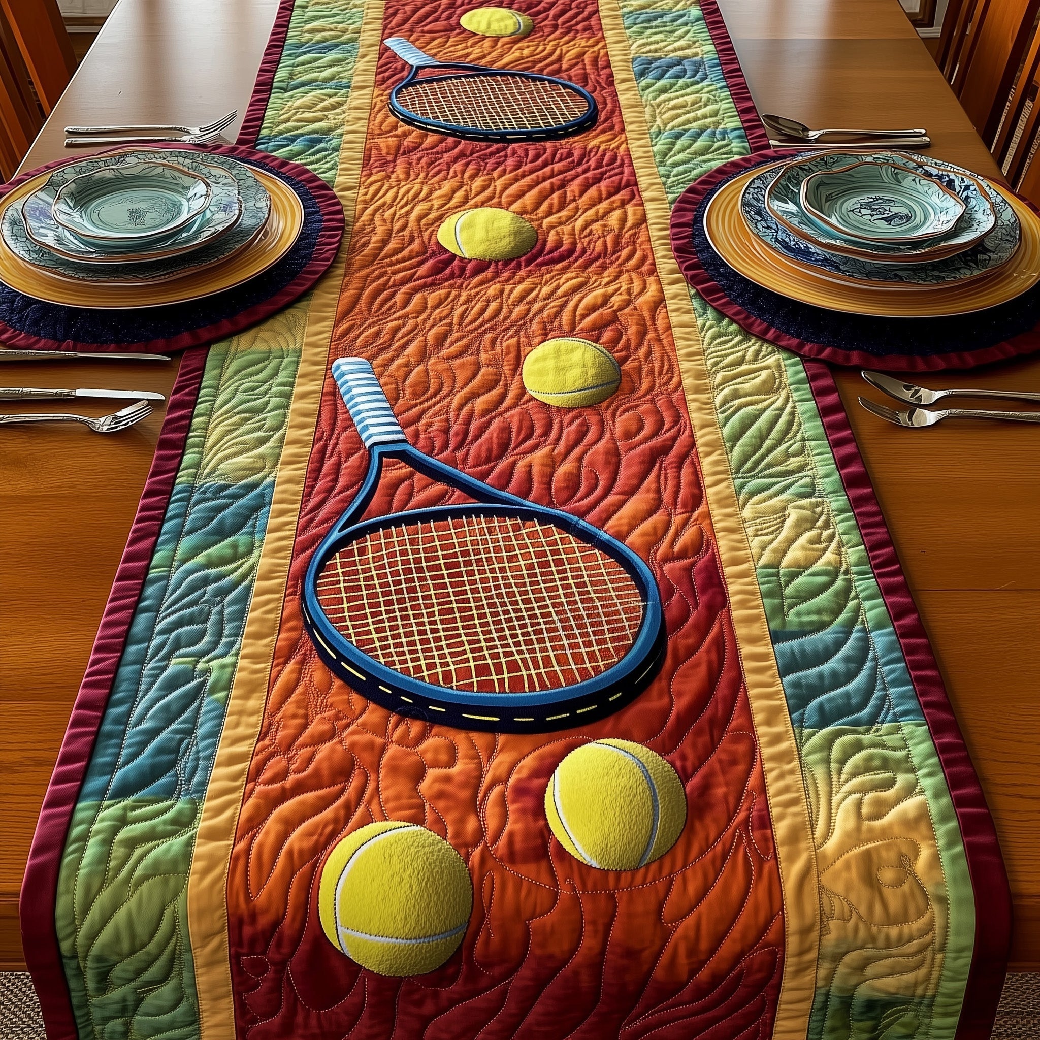 Tennis Time Quilted Table Runner Holiday Party Table Runner