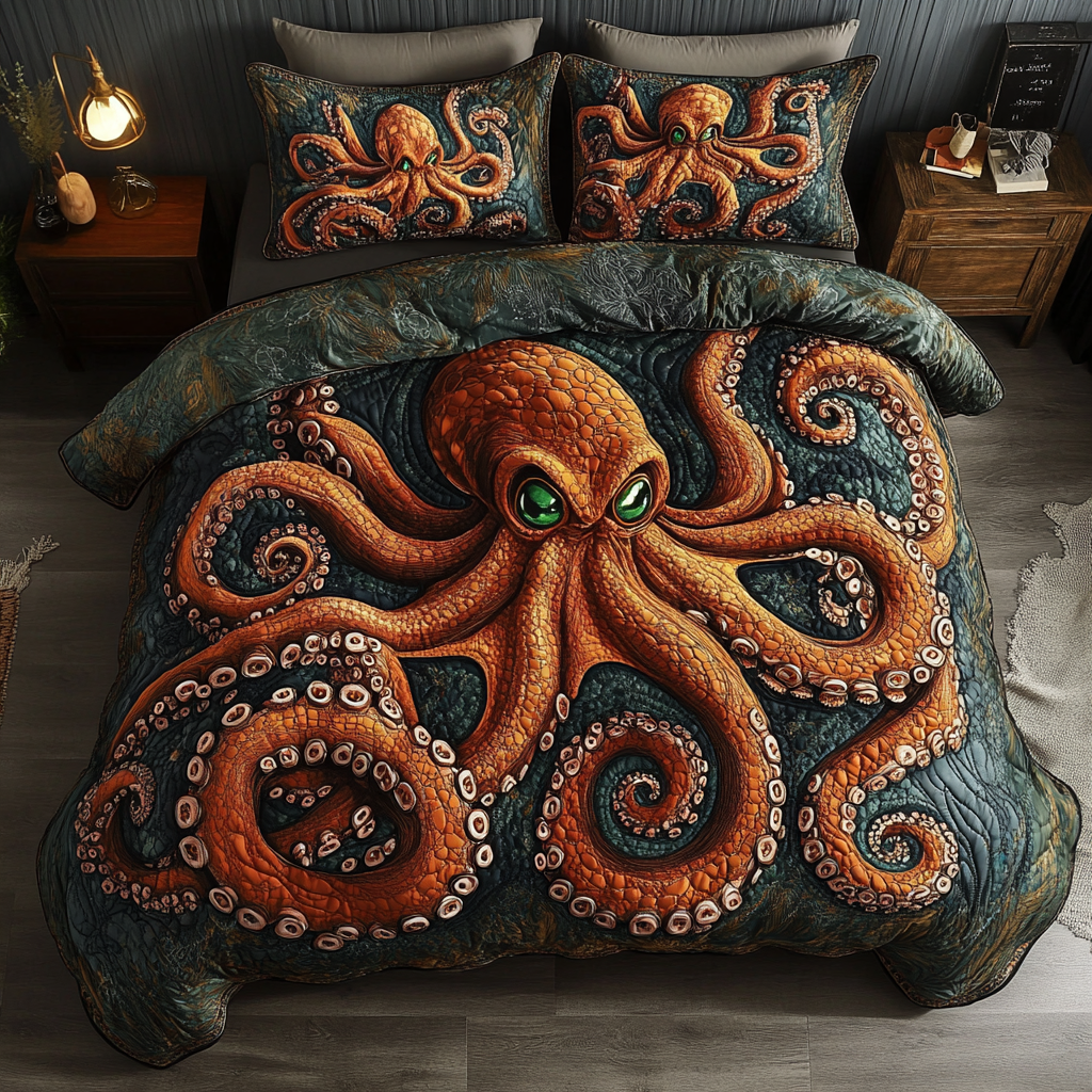 Tentacles in the Night Quilted Bedding Set Cute Bedroom Decor Octopus Lover Gifts