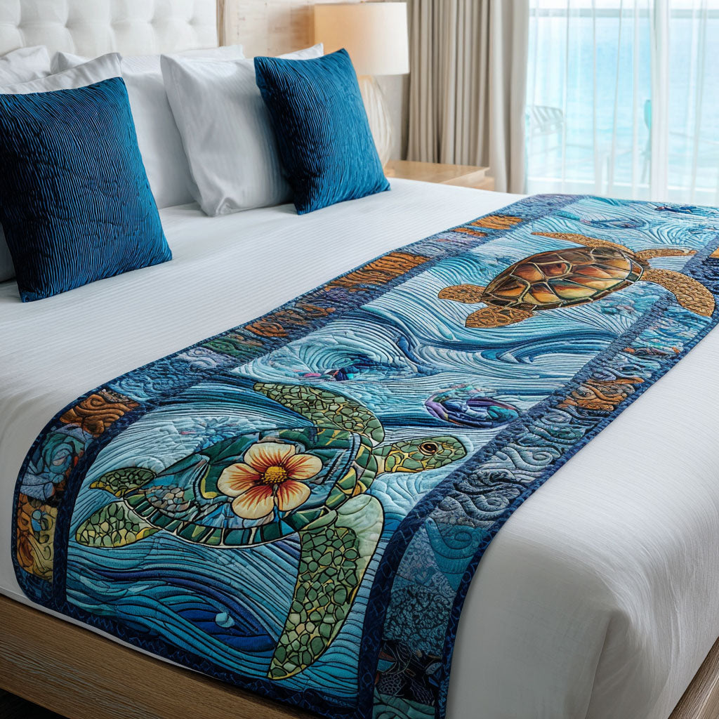 Terra Tortoise Quilted Bed Runner Cute Room Decor Sea Turtle Gifts For Him