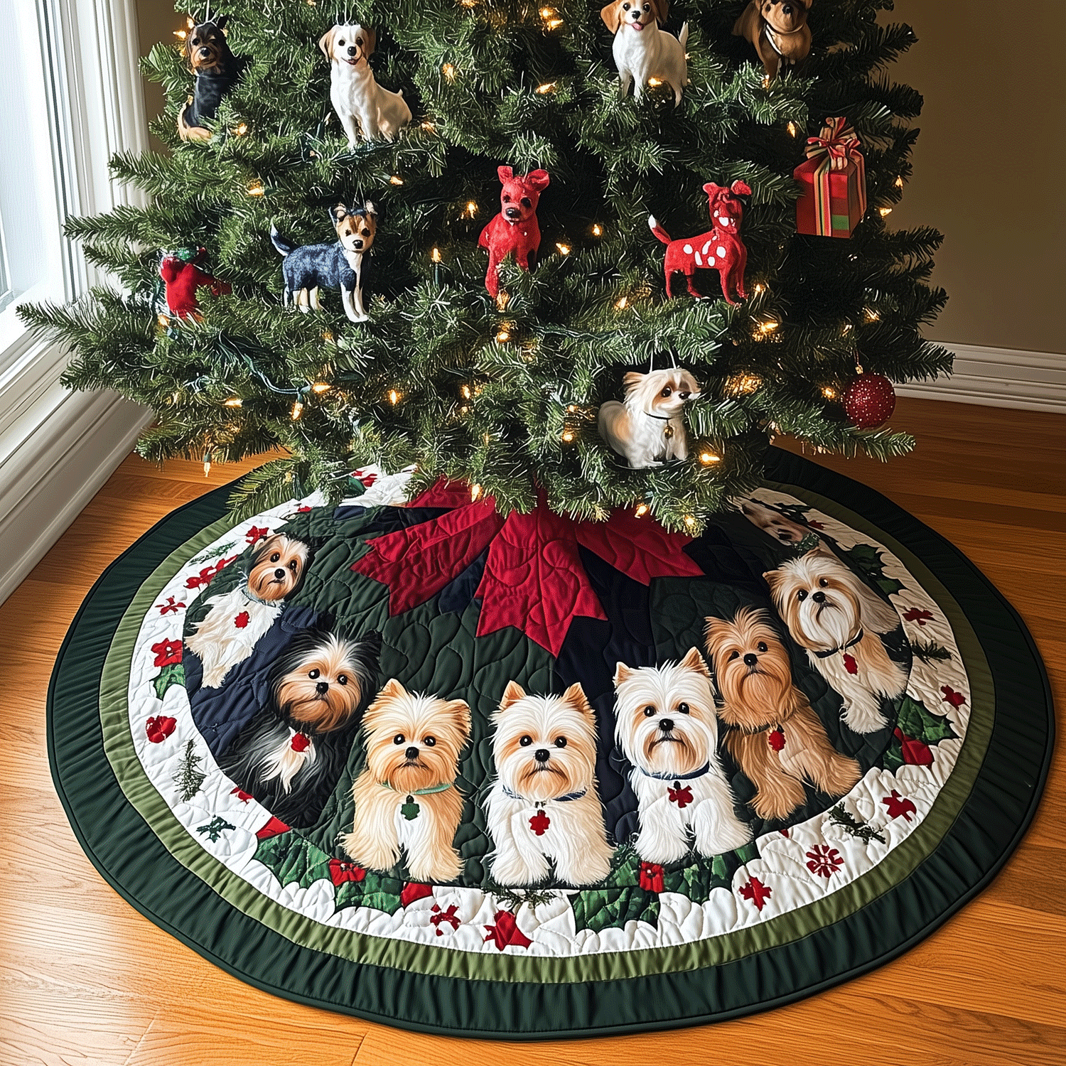 Terrier Christmas Charm Quilted Christmas Tree Skirt Classic Red and White Tree Skirt for Traditional Decor