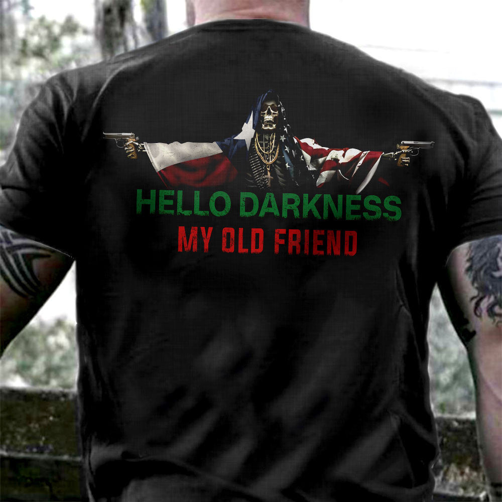 Texas And American Flag Skull Hello Darkness My Old Friend Shirt Gifts For Veterans