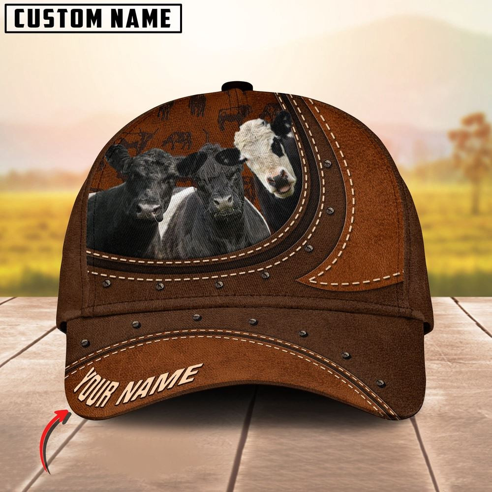 Texas Belted Galloway Leather Pattern Art Customized Name Cap Farmer Baseball Cap Gift For Farmer