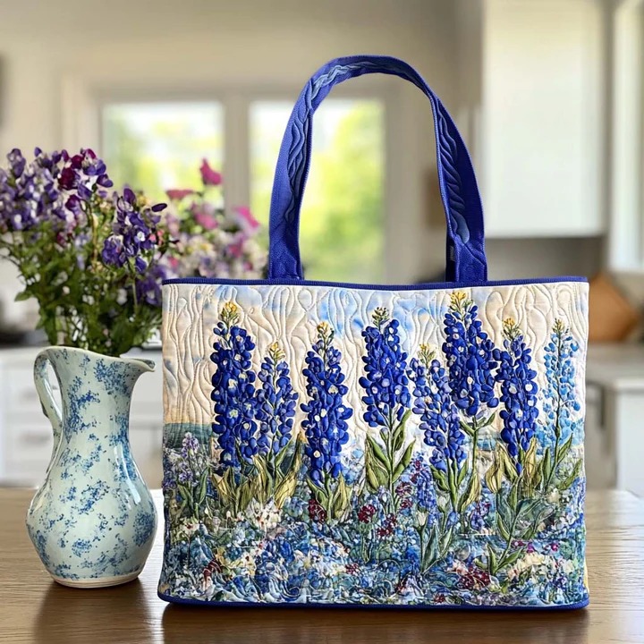 Texas Bluebonnet Wildflower Quilted Tote Bag Floral Nature Lover Botanical Outdoor Spring Gift For Mom