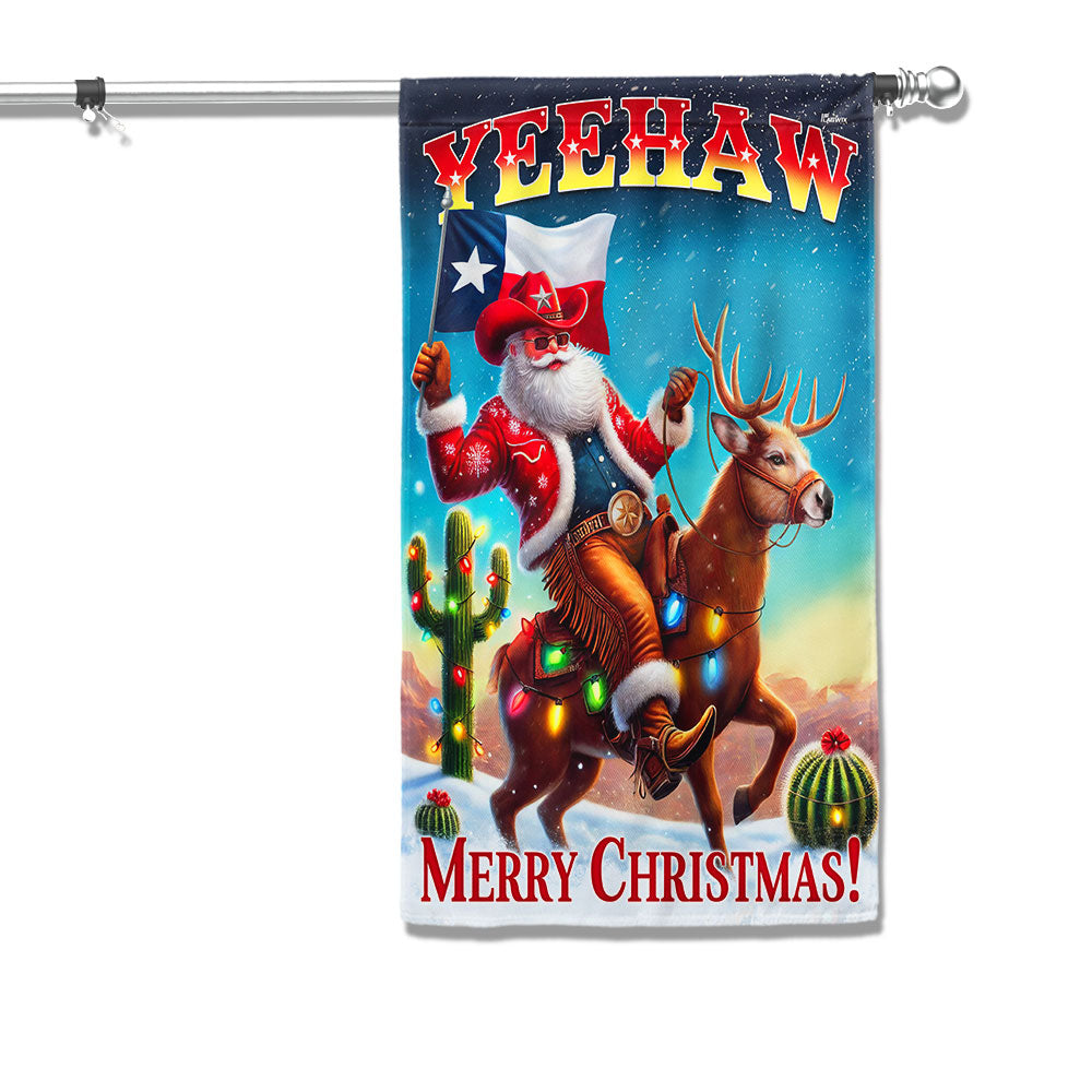 Texas Christmas Cowboy Santa Riding Reindeer Yeehaw Flag