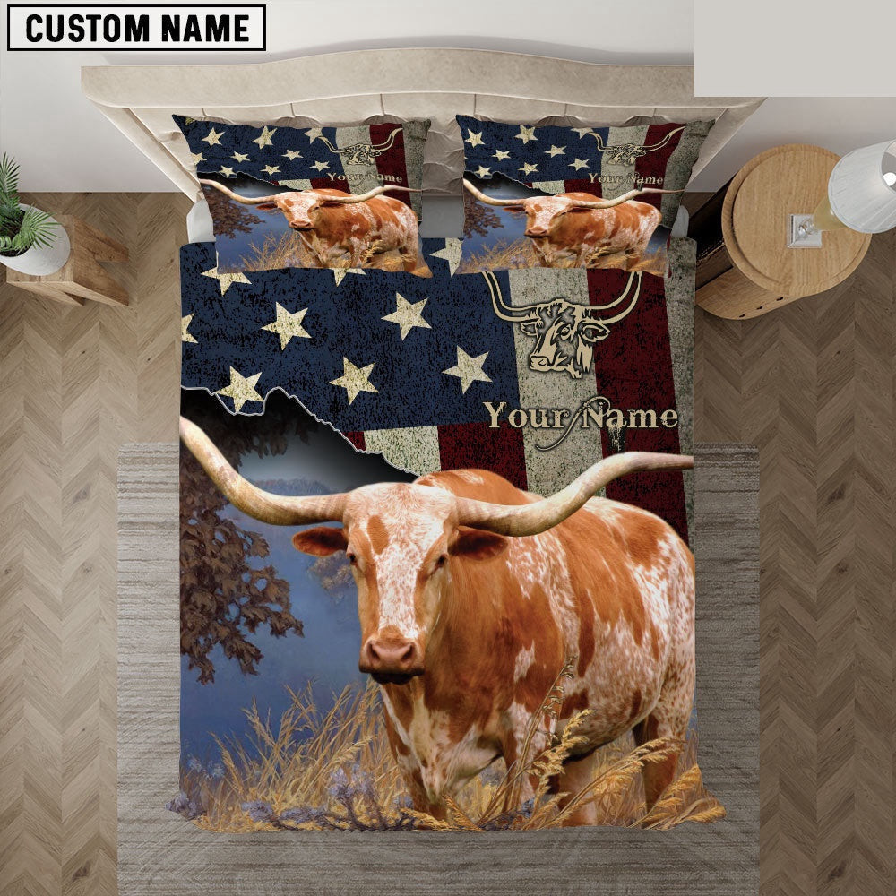Texas Longhorn America Customized Name Bedding Set  Farmhouse Bedding Set Couple Gifts