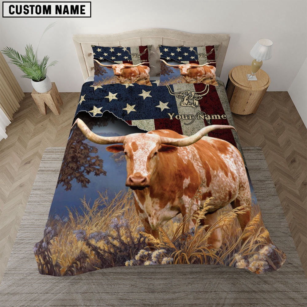 Texas Longhorn America Customized Name Bedding Set  Farmhouse Bedding Set Couple Gifts