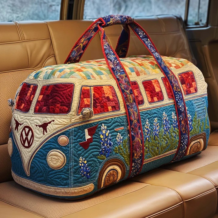 Texas Longhorn Bluebonnet VW Bus Quilted Duffle Bag State Pride Travel Bag Gift For Texas Lovers