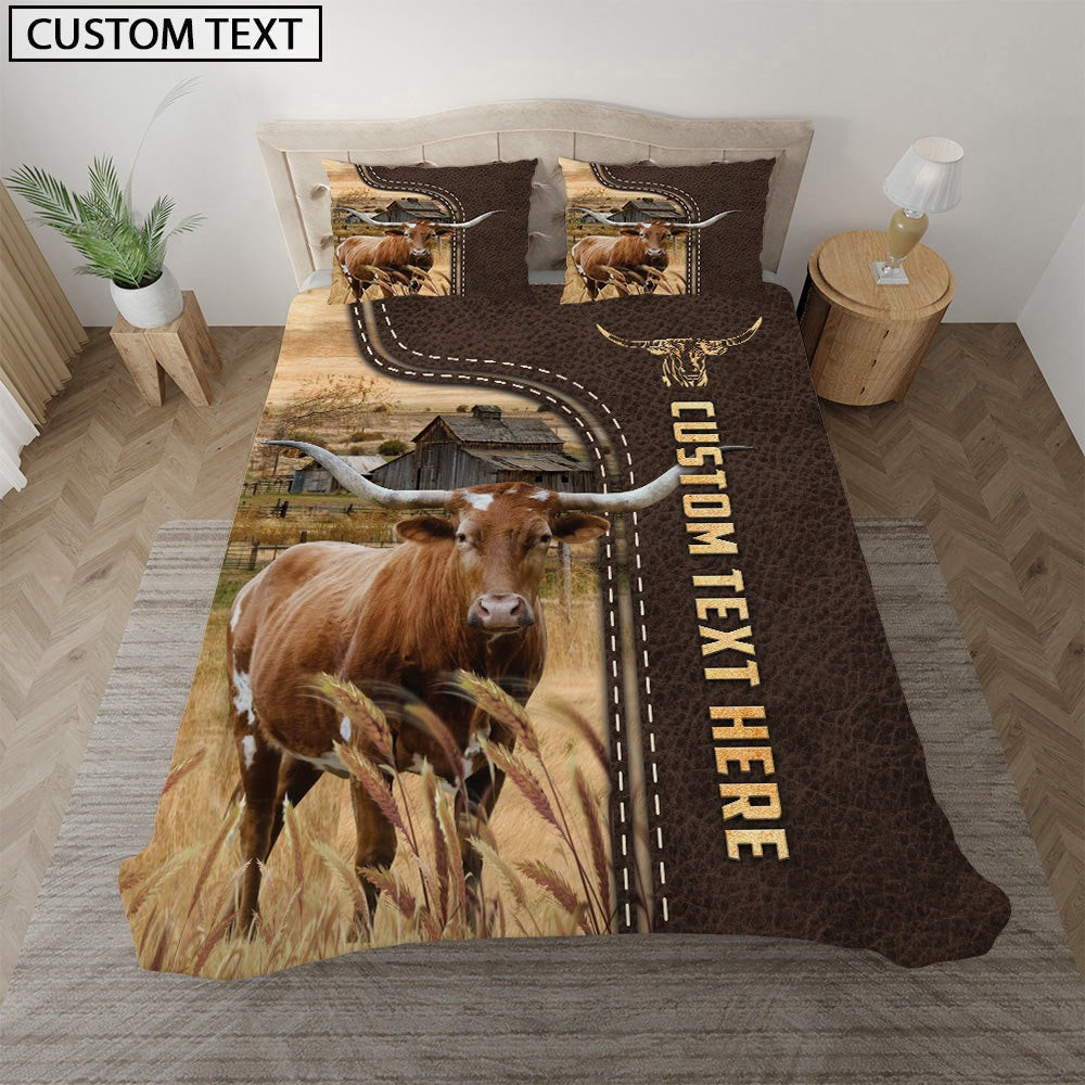 Texas Longhorn Custom Text Leather Pattern Bedding Set Xmas Bedding Set Cute Couple Gifts