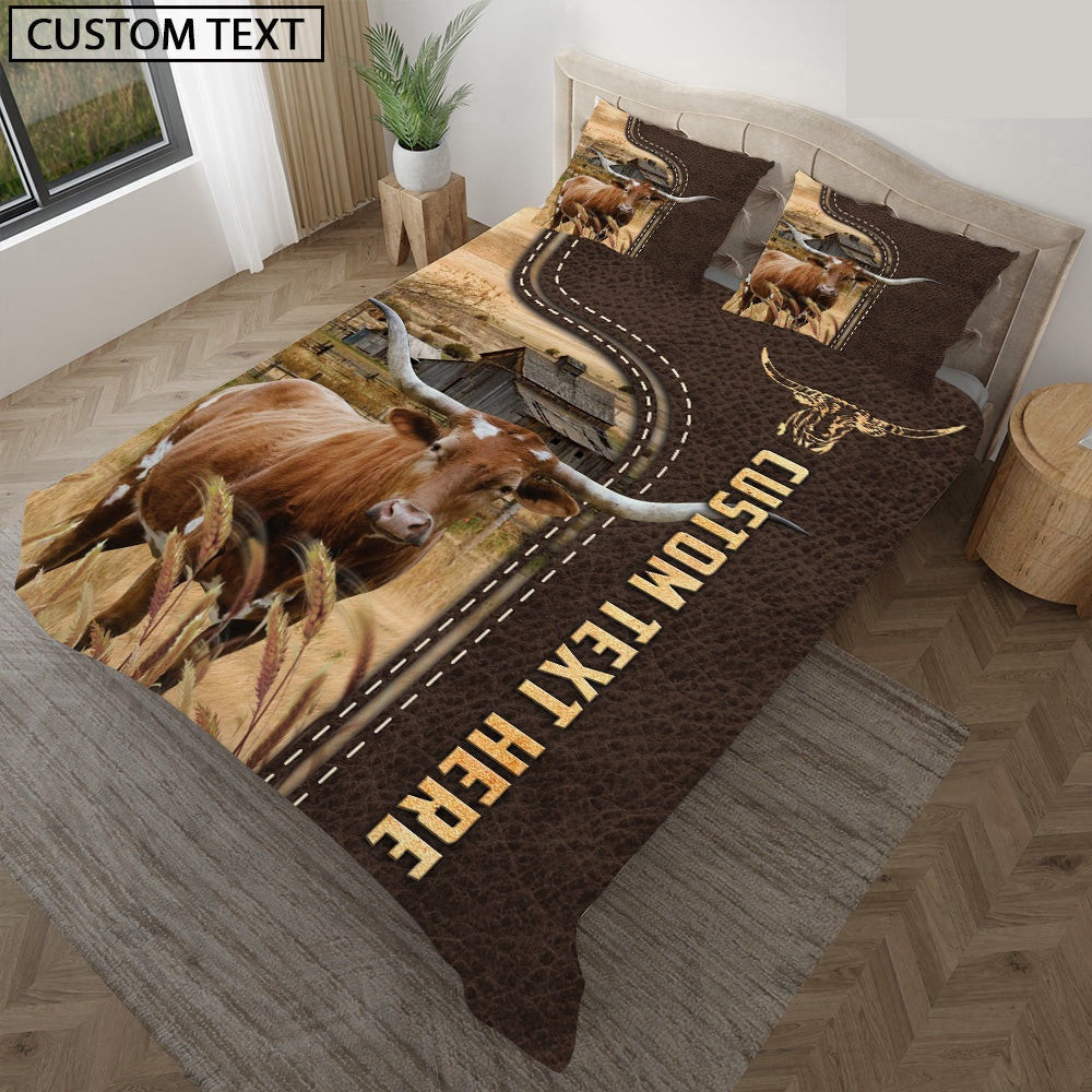 Texas Longhorn Custom Text Leather Pattern Bedding Set Xmas Bedding Set Cute Couple Gifts