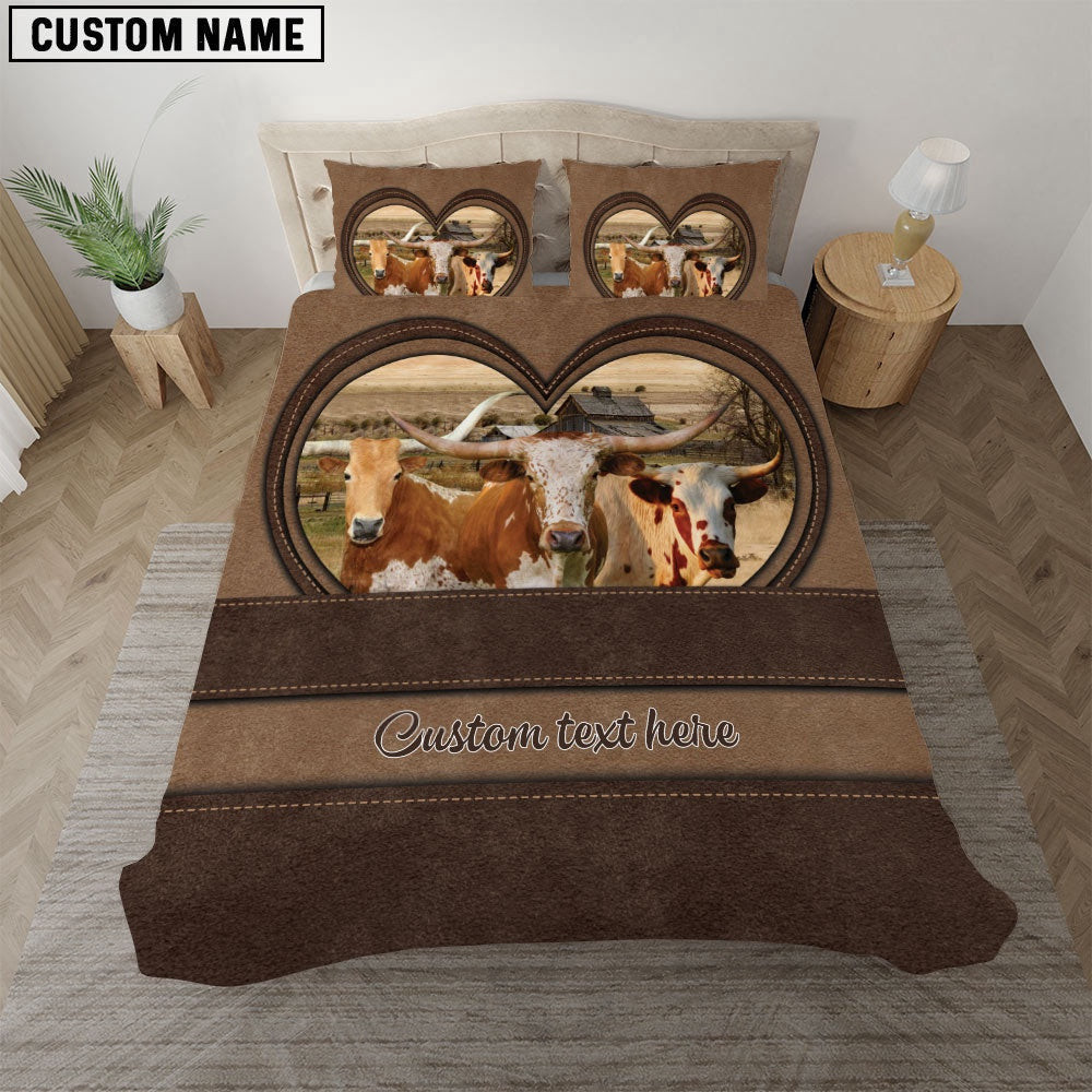 Texas Longhorn In Heart Custom Name Bedding Set Xmas Bedding Set Cute Couple Gifts