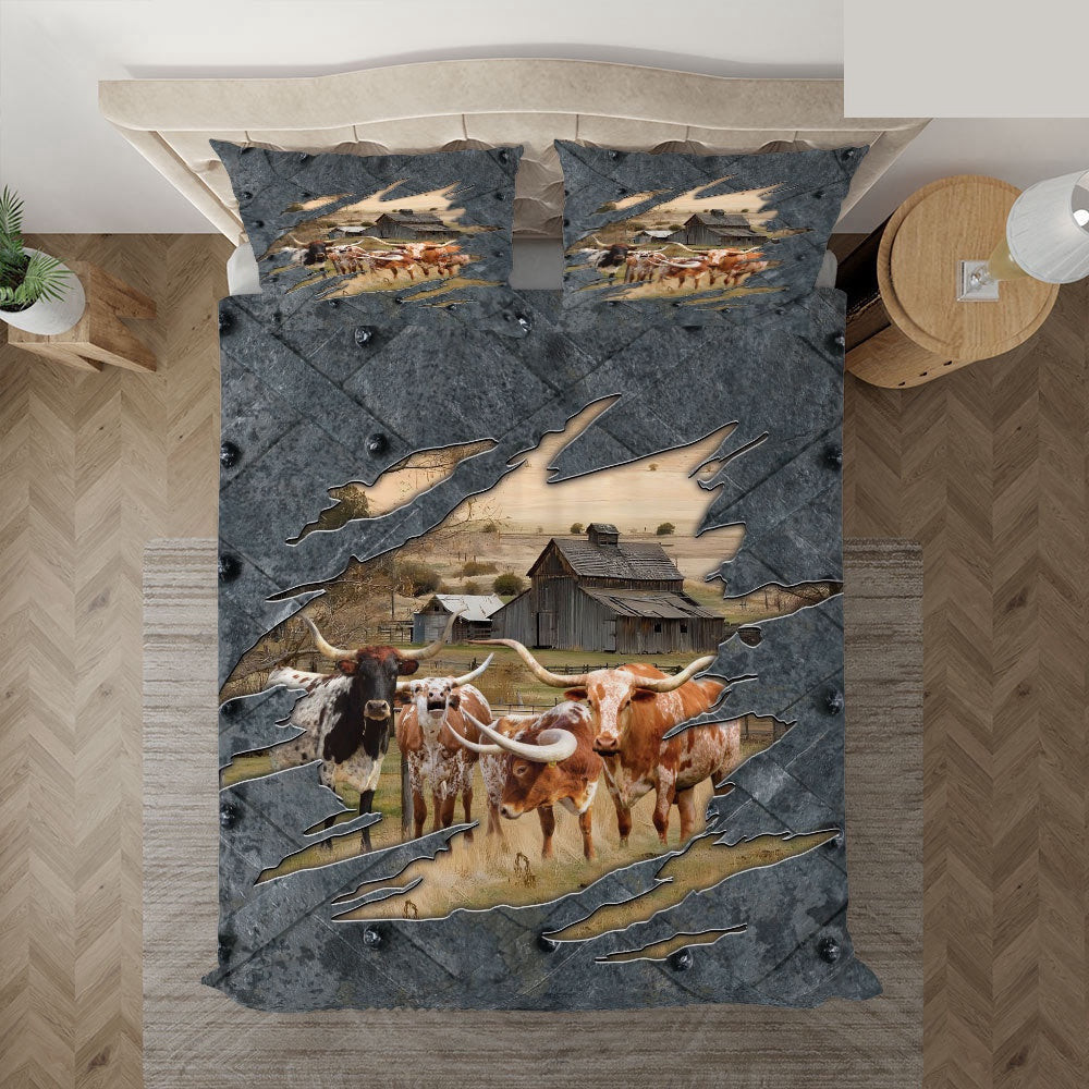 Texas Longhorn On The Farm Customized Name Bedding Set Cute Couple Gifts