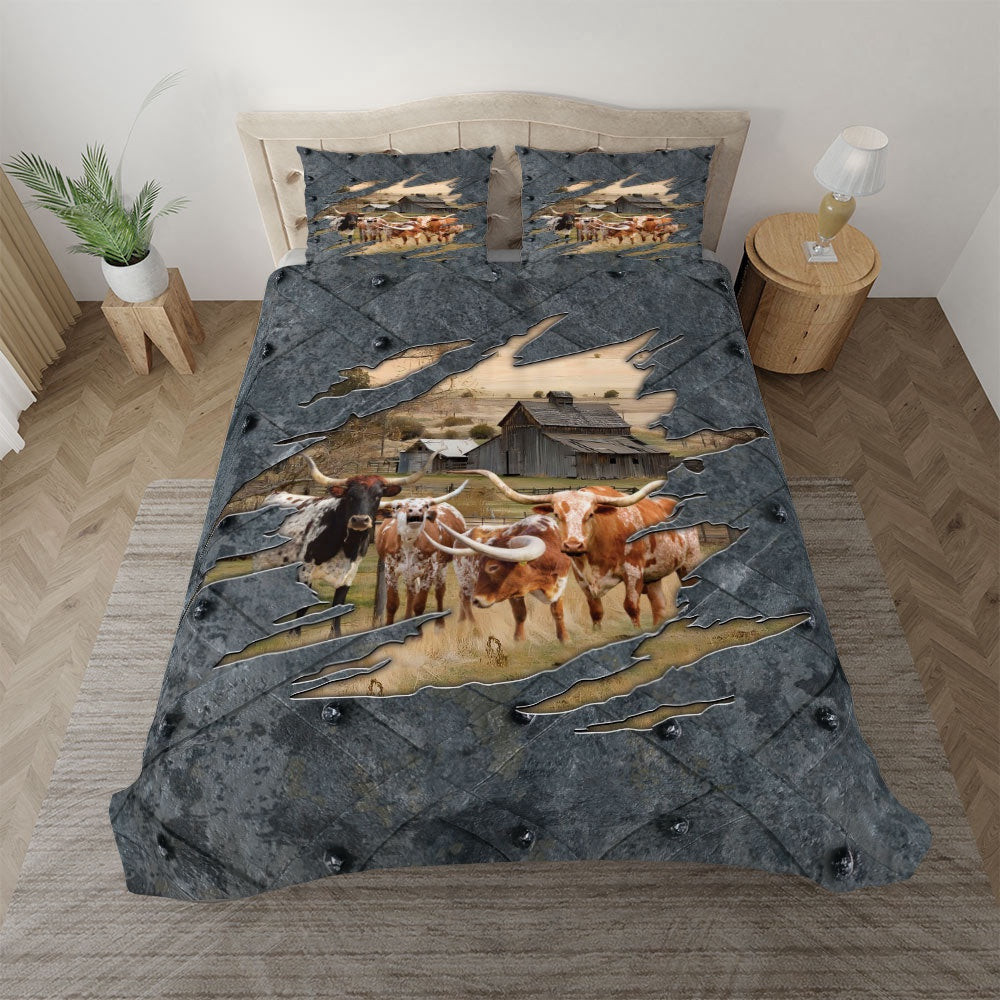 Texas Longhorn On The Farm Customized Name Bedding Set Cute Couple Gifts