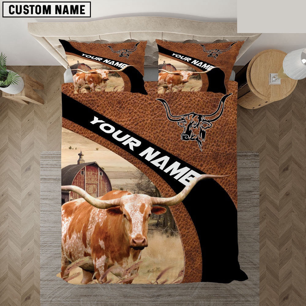 Texas Longhorn On The Farm Customized Name Red Barn Bedding Set Cute Couple Gifts