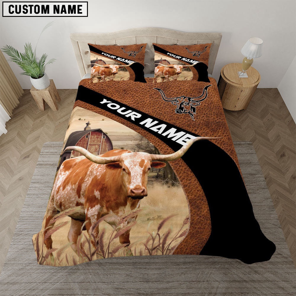 Texas Longhorn On The Farm Customized Name Red Barn Bedding Set Cute Couple Gifts