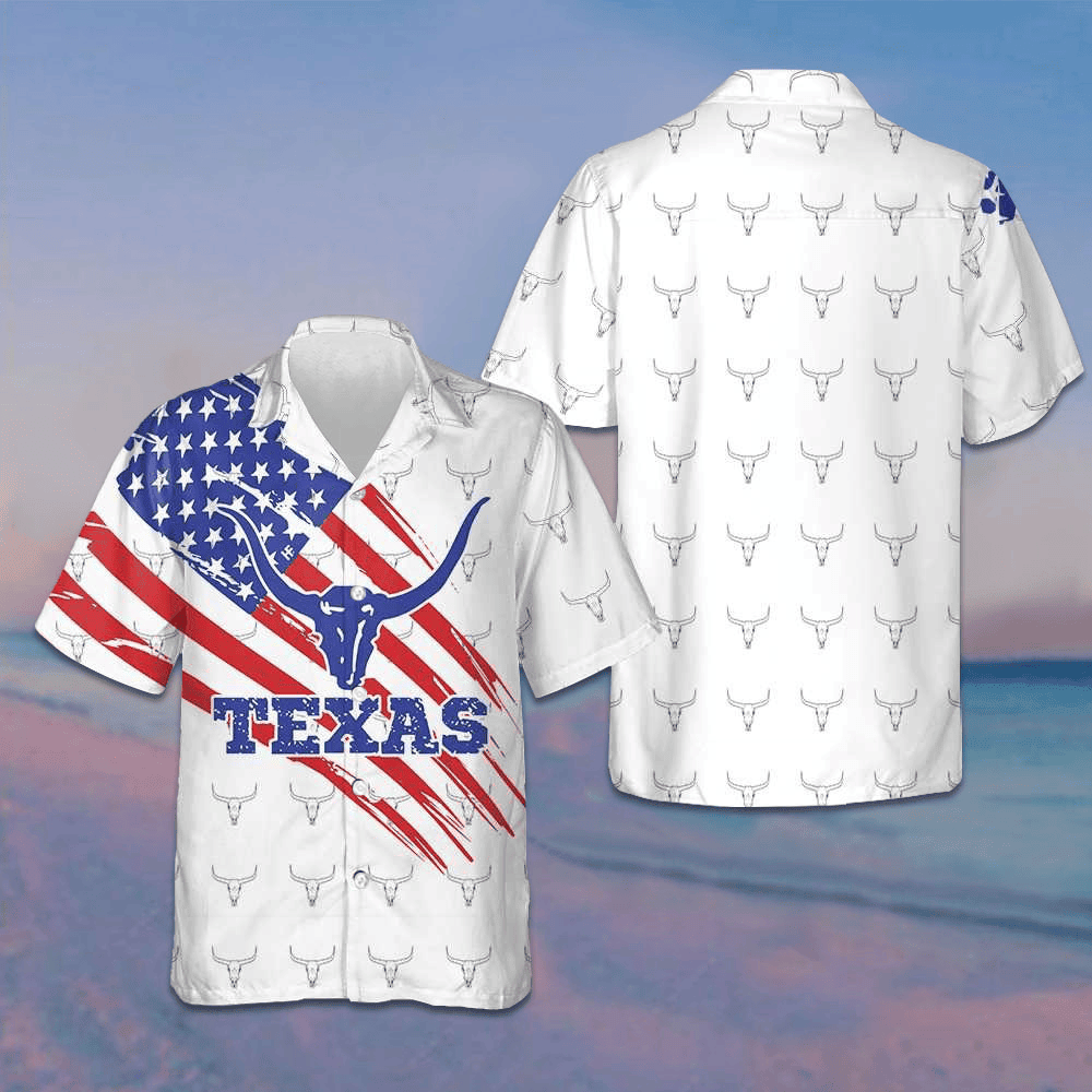 Texas Longhorn Pattern American Flag Hawaiian Shirt Button Down Shirt Gifts For Texas Lovers