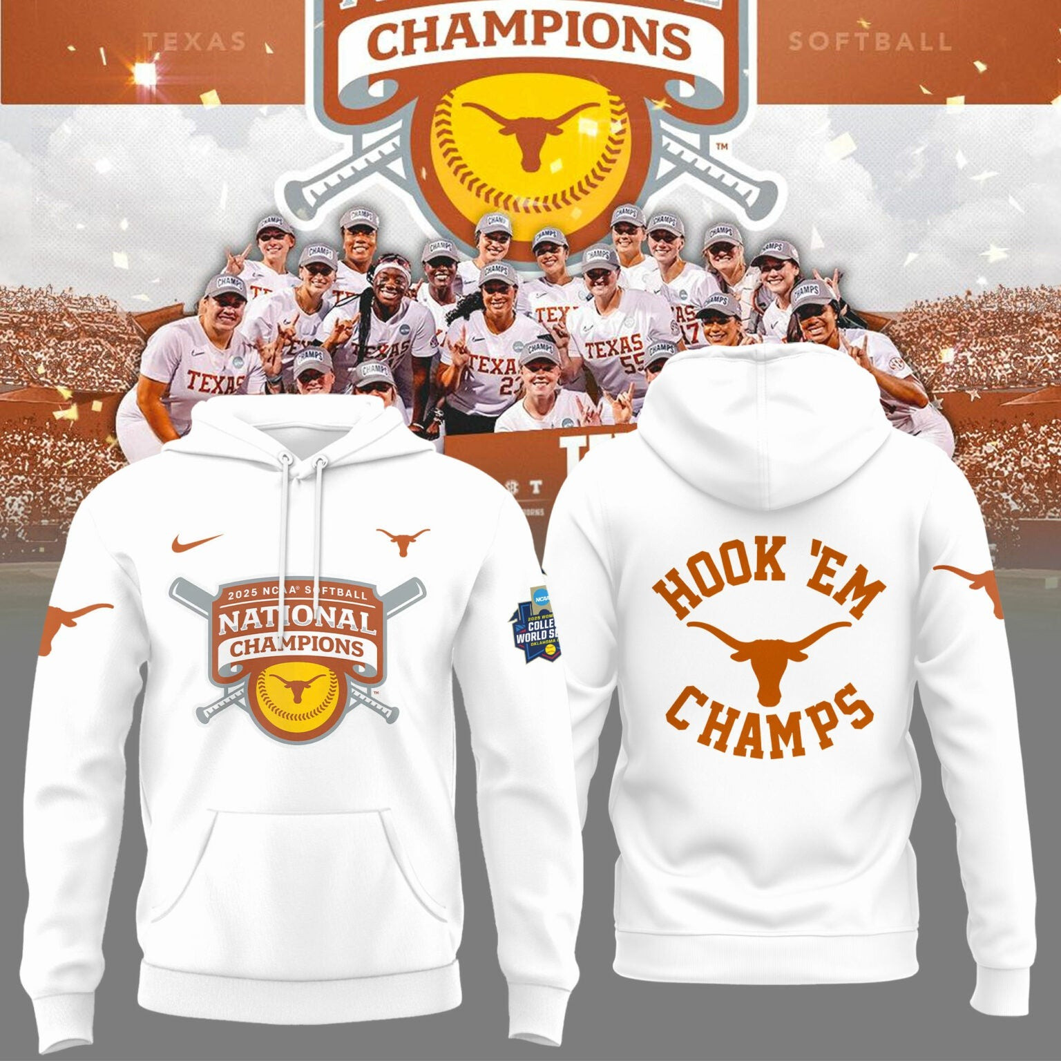 Texas Longhorns 2025 Women's Softball National Champions Hook 'Em Hoodie Gifts For Baseball Lovers