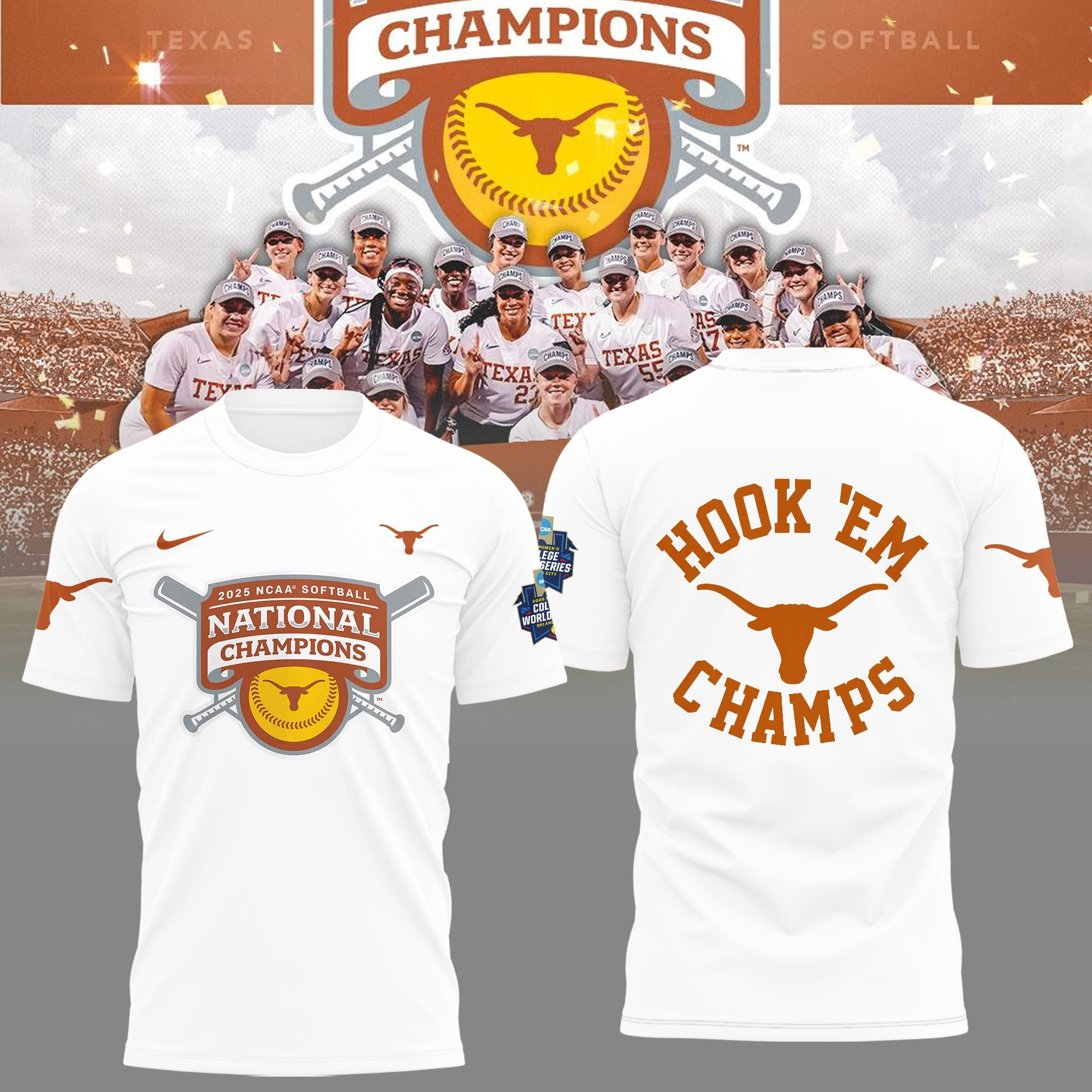Texas Longhorns 2025 Women's Softball National Champions Hook 'Em White T-Shirt Best Gifts For Baseball Lovers