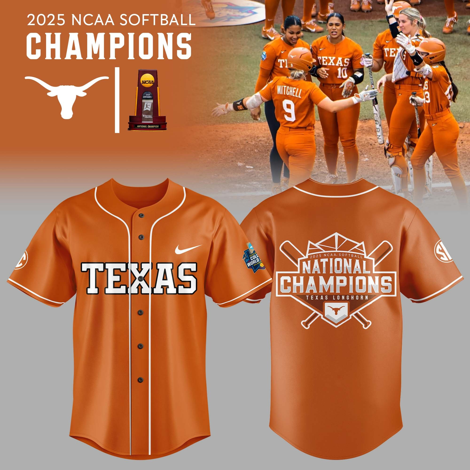 Texas Longhorns 2025 Women's Softball National Champions Hook'em Jersey Fans Gifts