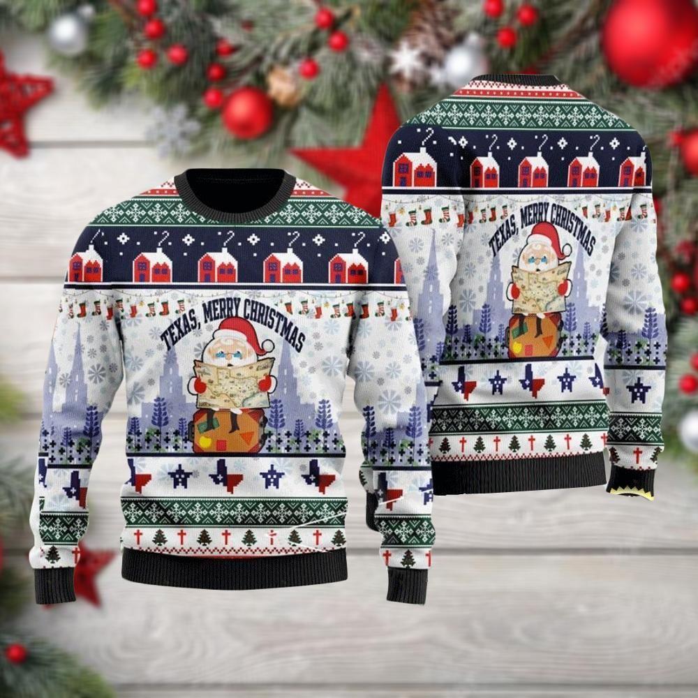 Texas Merry Christmas Ugly Christmas Sweater Santa Holding Texas Map Jumper Gifts For Locals