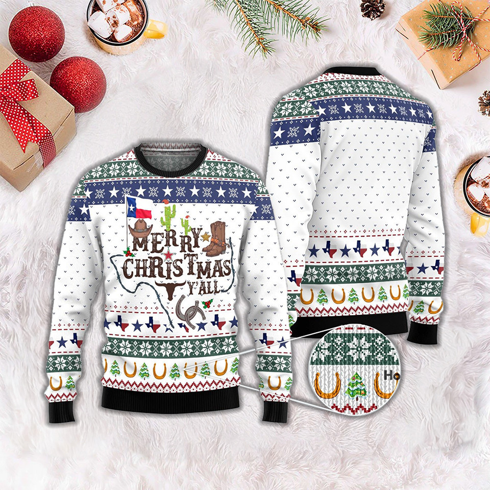 Texas Merry Christmas Y'all Ugly Sweater Xmas Holiday Texas Crewneck Sweater Gift